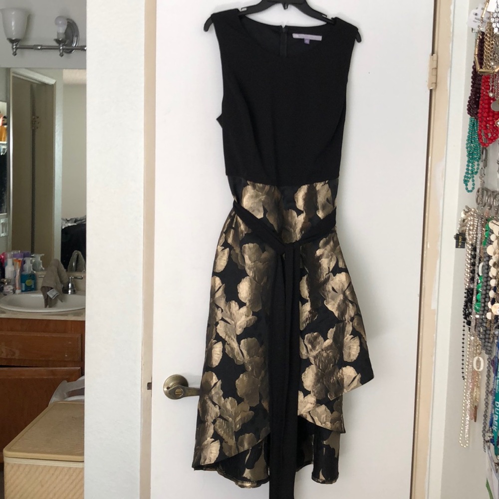 Black party dress with gold foil flowers NWT